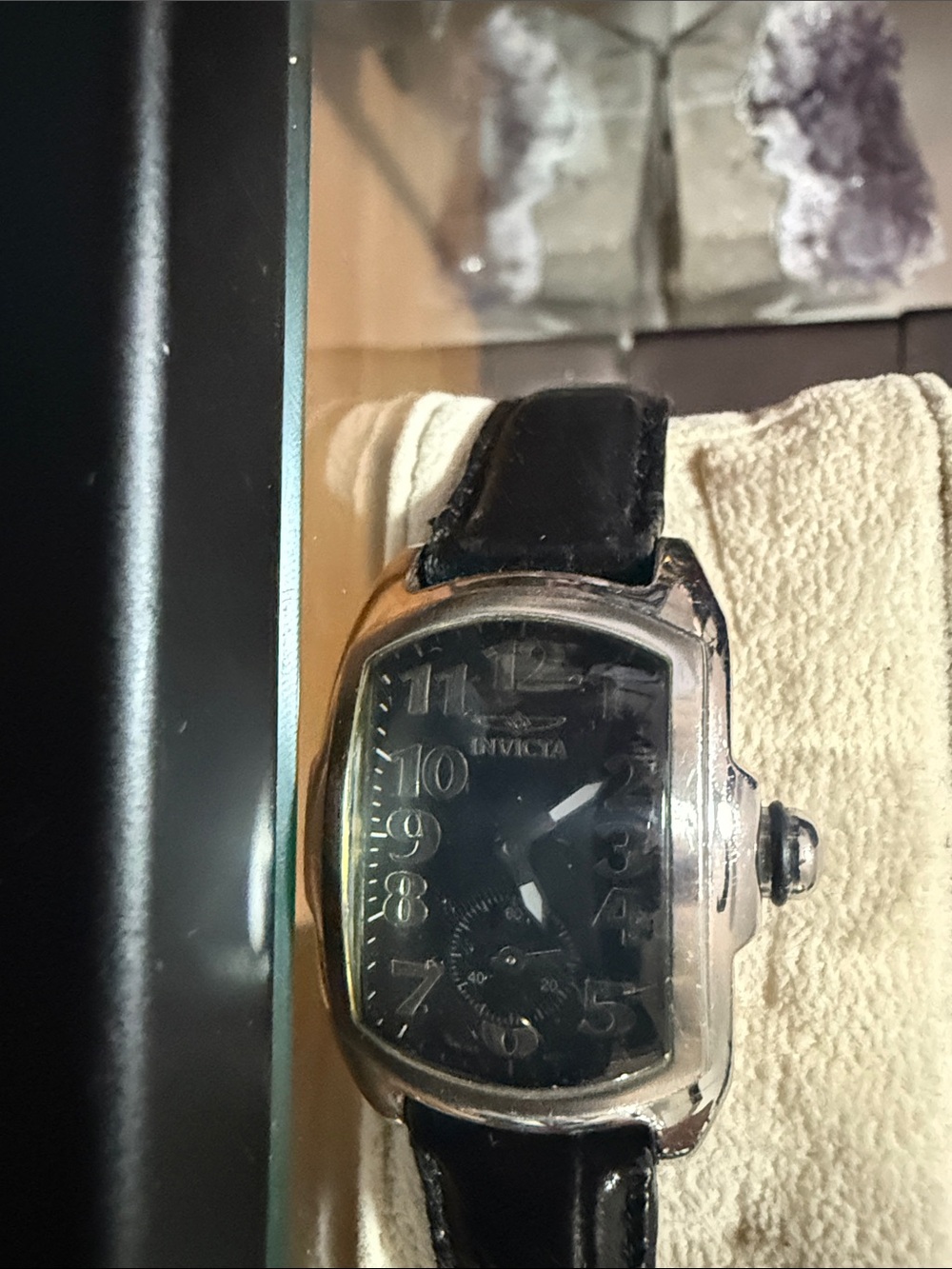 Invicta Black Leather Strap Watch on Display Stand